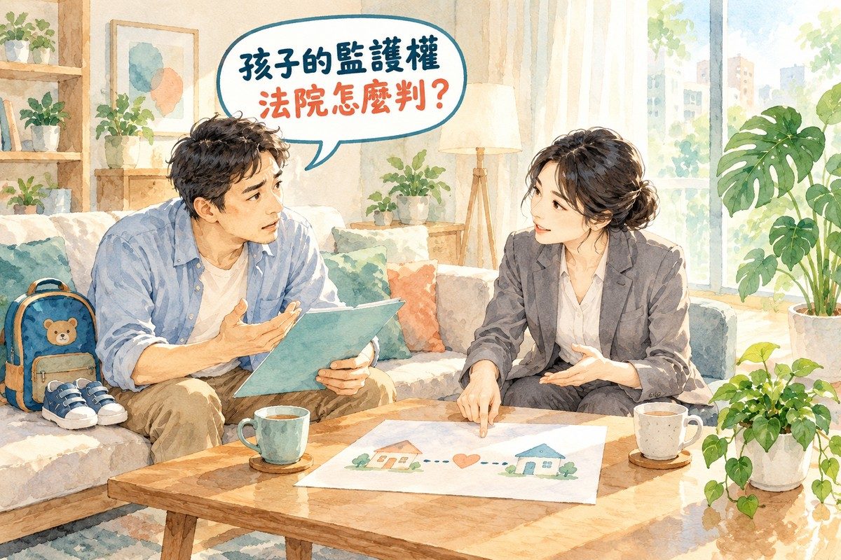 律師向前來詢問的人說明「孩子的監護權法院怎麼判?」的封面插圖