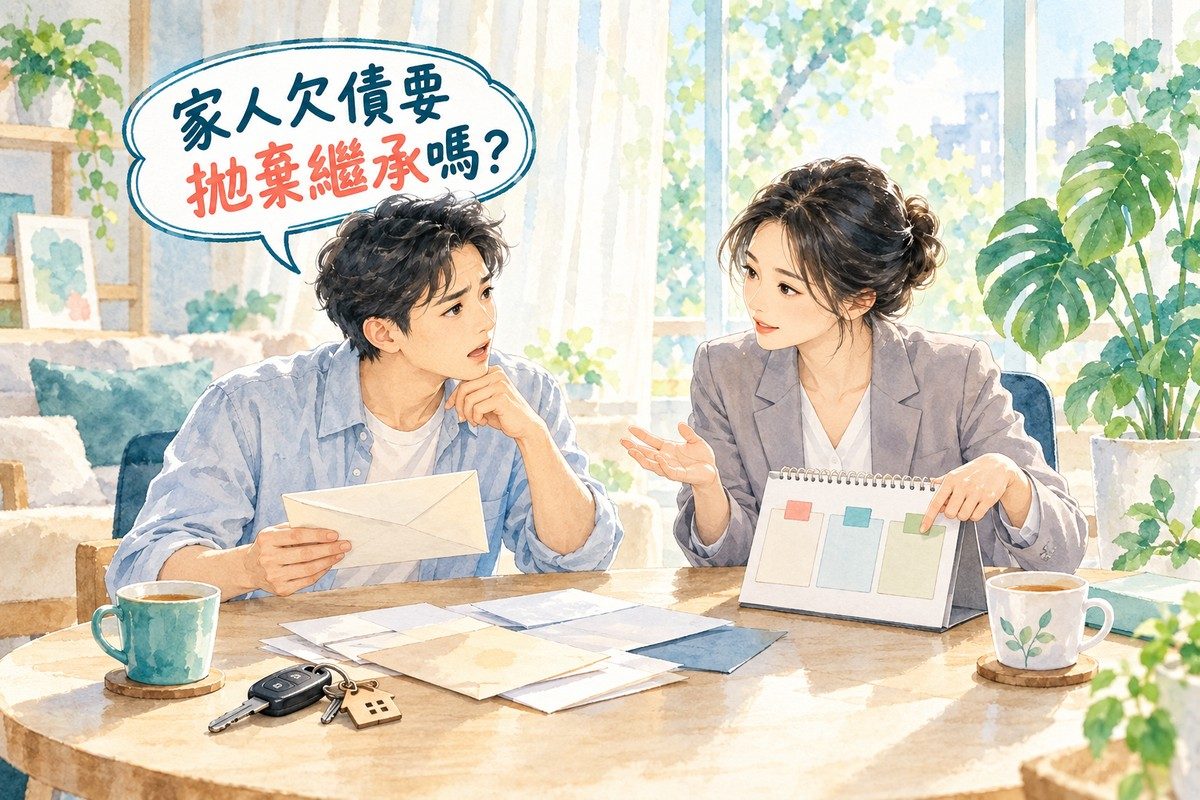 律師向前來詢問的人說明「家人欠債要拋棄繼承嗎?」的封面插圖
