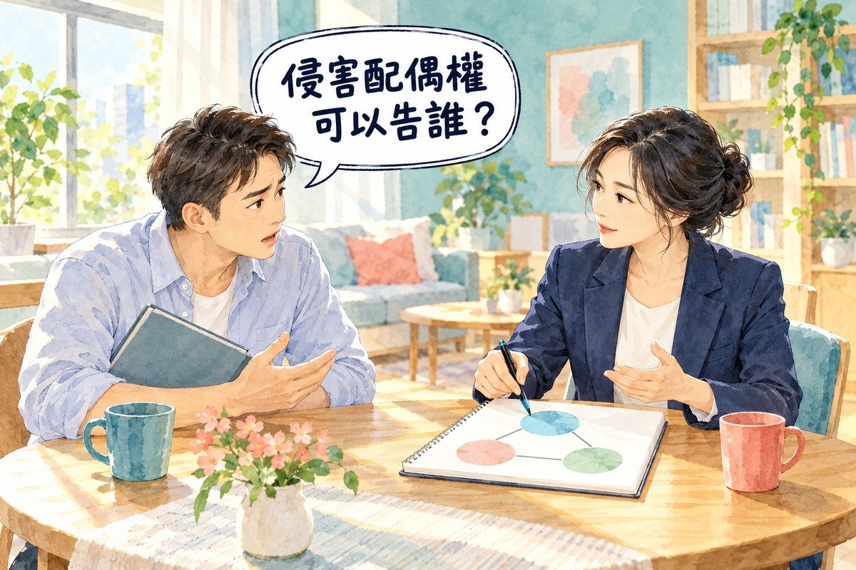 律師向前來詢問的人說明「侵害配偶權可以告誰?」的封面插圖